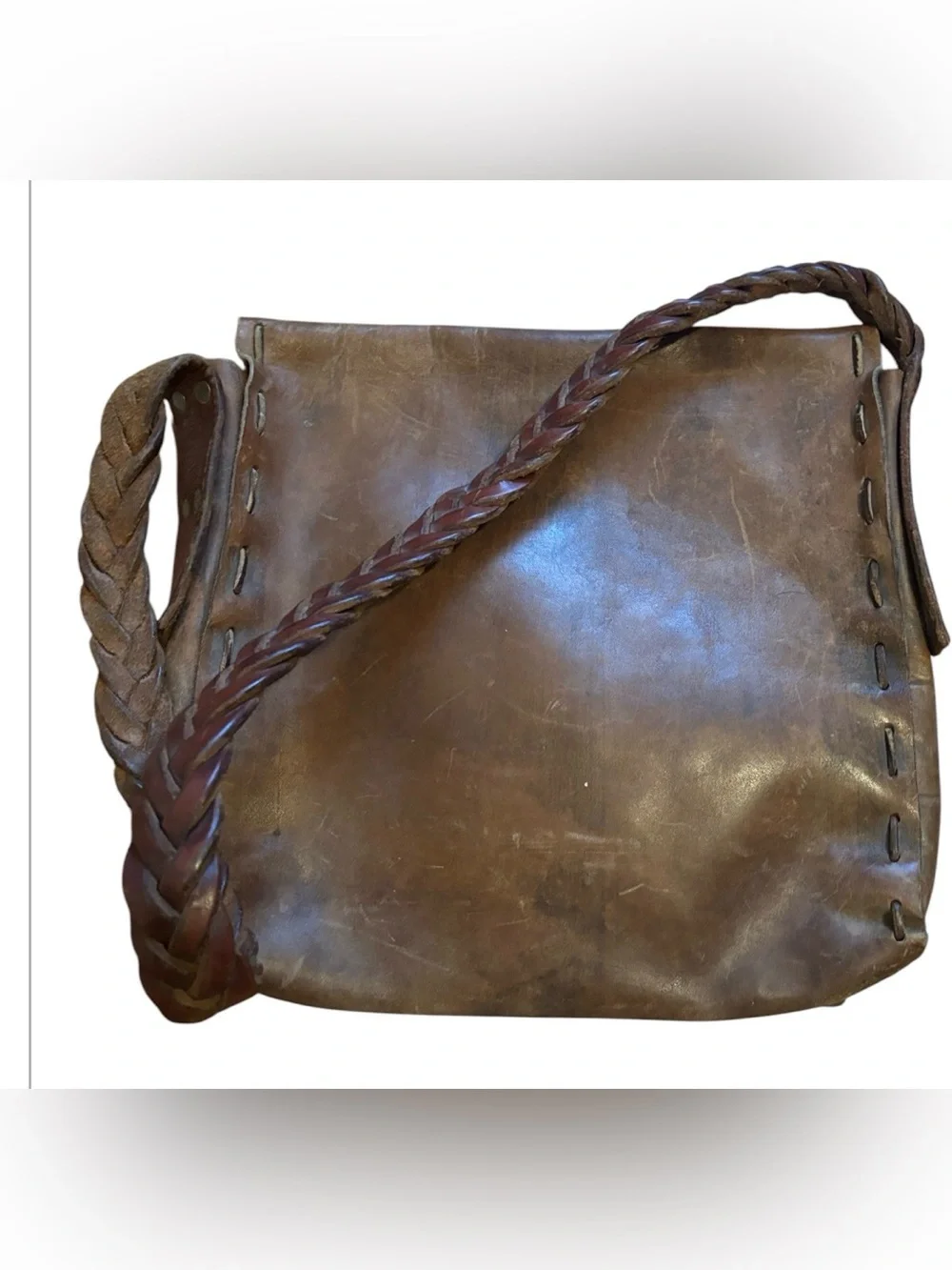 Large Brown Handmade Leather Satchel With Braided Sturdy Strap | Hippie Travel